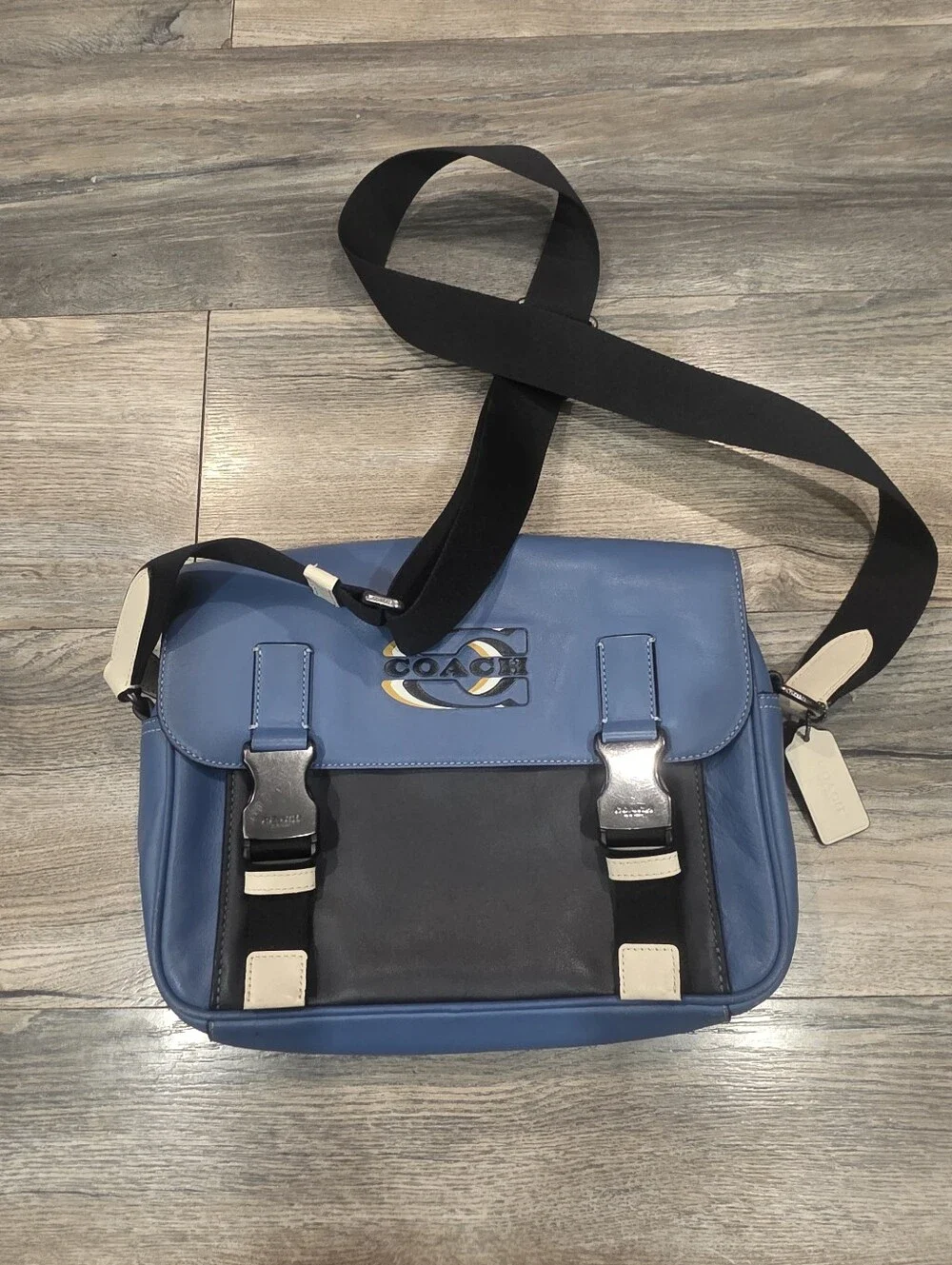 Coach Blue Leather Messenger Bag with Black and Cream Accents